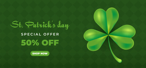 St. Patricks Day special offer, sale banner with green shamrock. Coupon, certificate, discount. Vector illustration for shopping, fashion
