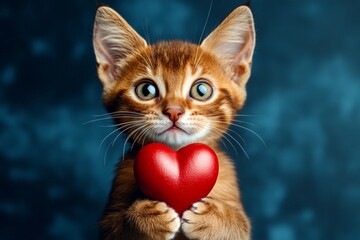 Abyssinian - my treasured cat. Commercial visual idea. Cute abyssinian feline infant with animal toy red heart - sign of love, funny greeting card. Romantic valentine poster. Kitten gift idea.