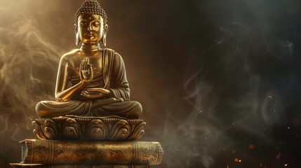 A golden Buddha statue sits on a pile of books with smoke and light behind it.
