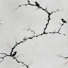 Pixelated Cherry Blossom Pattern with Crows