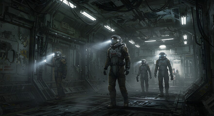 Astronaut Team Exploring Dark Industrial Spaceship Interior with Flashlights