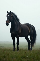 Majestic Dark Horse in Misty Meadow, Standing Proudly, Showing Strength and Grace
