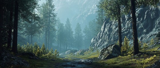 Fototapeta premium Serene Mountain Forest Path in Misty Morning