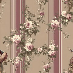 Obraz premium Vintage Floral Wallpaper Pattern with Burgundy Stripes