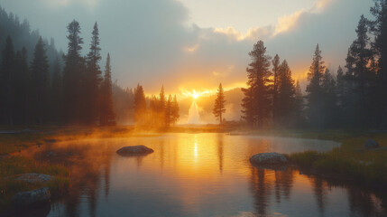 Fototapeta premium American landmarks highlighting Yellowstone National Park Old Faithful geyser erupting