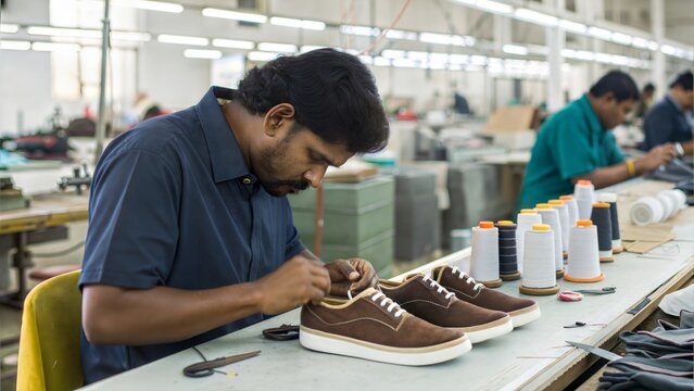 Indian Factory Worker in Footwear Manufacturing Portrait &ndash; A worker stitching or assembling shoes, with various footwear materials around.

