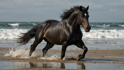 Majestic black horse charges down the beach, ocean waves close behind.

