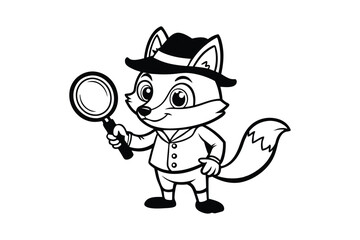 Cartoon vector art illustration of an adorable fox wearing a little detective hat and holding a magnifying glass