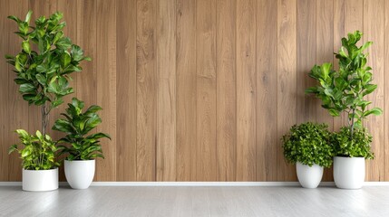 Plants against wood wall, interior design mockup