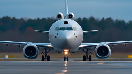 Airplane taxiing runway, forest background, travel