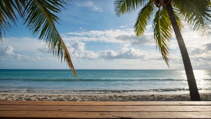 Empty wooden table with palm leaves overhead and a serene tropical ocean view.

