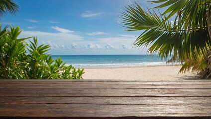 Wooden surface facing calm blue sea, framed by arching palm fronds and sunny sky.

