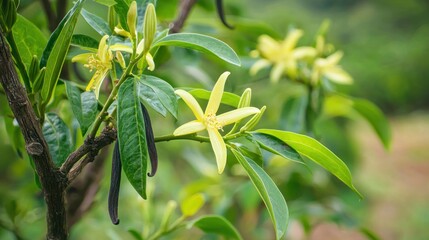 Vanilla cultivation field with green vines and flowering vanilla plants.