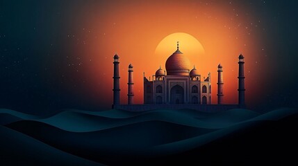 A minimalist digital illustration of the Taj Mahal silhouette against a dark blue background, perfect for cultural event promotions, Islamic celebrations, or calm atmospheres.