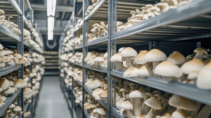 Fresh mushrooms growing in a controlled mushroom cultivation room.