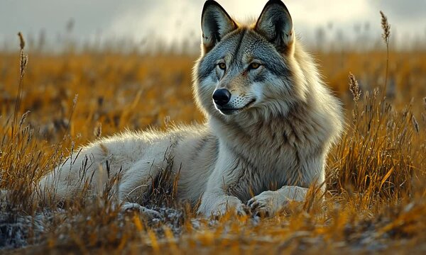 Majestic wolf resting in a golden grass field under a dramatic sky at sunset