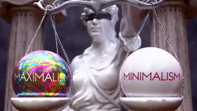 Maximalism or Minimalism as a choice, two options to choose from. Greek statue presenting two alternatives: maximalism or minimalism, weighing their values. Looking at pros and cons. ,3d illustration