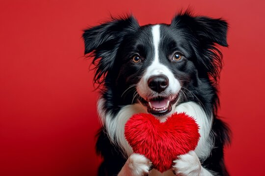 Cute australian shepherd canine with fluffy red heart - sign of love, funny greeting card. Australian shepherd - my treasured dog. Ad campaign visual idea. Valentine's dog poses. Dog and roses.