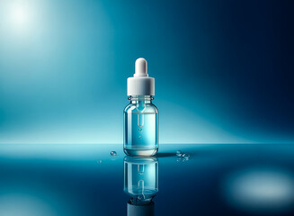 Serum bottle with pipette on a blue background. Glass container filled with light blue liquid. Droplets on the surface. Clean, fresh, and minimalistic image.