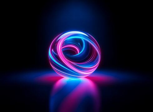 Abstract glowing sphere with blue and pink neon light trails.  A captivating digital art piece against a dark backdrop, creating a futuristic and vibrant visual.
