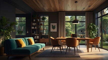 Fototapeta premium Small house interior design with office area using double-duty furniture, contemporary style, close-to-nature concept.
