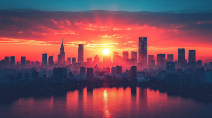 Building background featuring silhouettes of iconic skyscrapers during a vivid sunrise