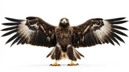 Fototapeta premium Golden eagle standing with its wings slightly open on a white backdrop