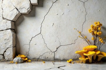 A crumbling wall, fractured and weathered, provides a stark backdrop for vibrant yellow fungi and blossoms, a study in contrast and resilience.