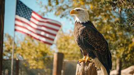 Naklejka premium Bald eagle with the American flag waving in the background