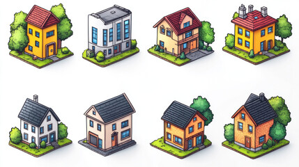 Naklejka premium Building icons featuring creative, hand-drawn styles for casual and artistic designs