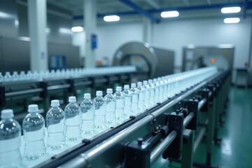 Bottled Beverage Production Line  Clean, Modern Factory Conveyor Belt System with Rows of Plastic Bottles Moving Efficiently Through Automated Packaging Process