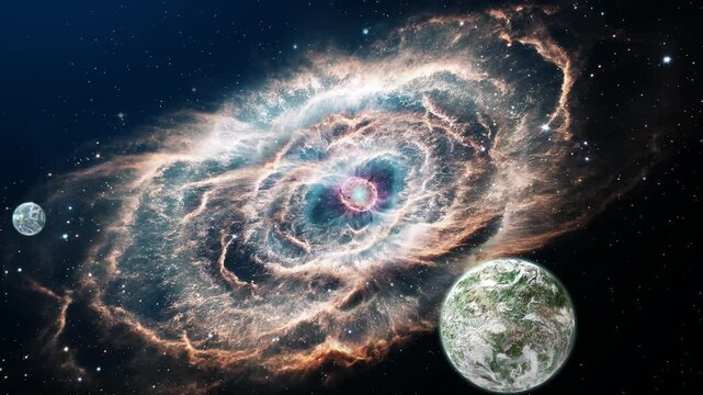 Beautiful crab nebula in the deep space with white planets, sci-fi space	
