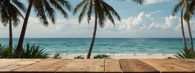 Minimal wooden tabletop with soft palm shadows and a dreamy tropical ocean view.

