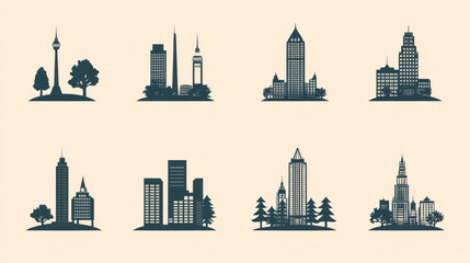 Building icons in a sleek, modern style featuring recognizable structures in monochromatic tones