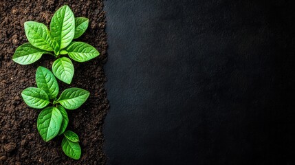 Naklejka premium A new plant with tender green leaves in rich soil, symbolizing growth in spring, set on the left with ample black copy space on the right side.