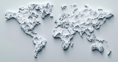 3D world map, topographic relief, light gray.