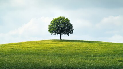 Lone tree on grassy hill, peaceful sky; nature background, serenity