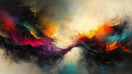 Fototapeta premium Dynamic Abstract Painting with Vibrant Splashes of Red Gold and Teal on Dark Background