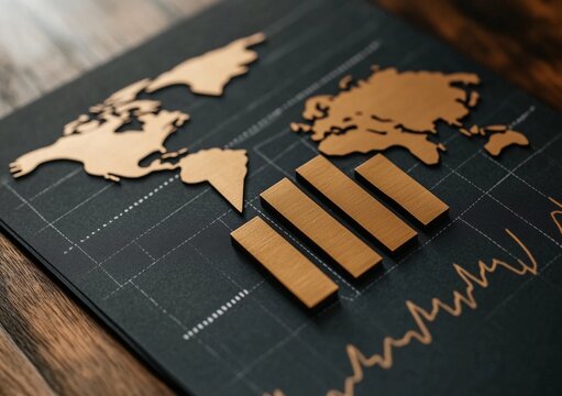Elegant data visualization with gold world map and bar chart on a dark textured background. Financial, business, and global economy - Powered by Adobe
