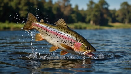 Panoramic trout leaping mid-air with splash, mouth open, chasing bait.

