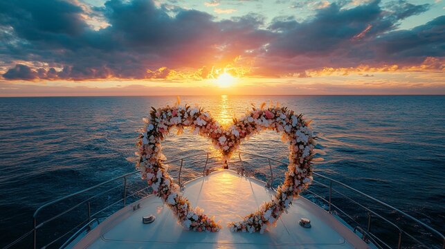 Romantic Heart Shaped Floral Arch on Yacht at Sunset Ocean Wedding Ceremony