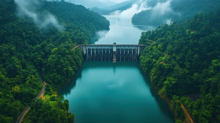 Infrastructure featuring a massive hydroelectric dam surrounded by lush forests