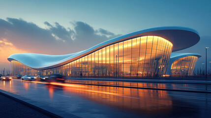 Obraz premium Infrastructure showcasing a high-tech airport terminal with sweeping, curved roofs and glass facades