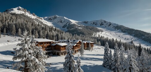 Snow-covered ski village in the mountains, framed by serene forest and sky.

