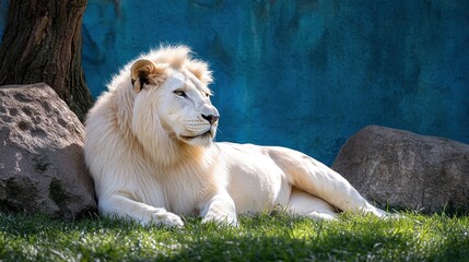 Obraz premium White lion resting zoo enclosure sunny day