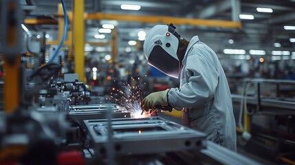 Obraz premium Welder cutting steel in an industrial factory with safety equipment and sparks flying during metal work