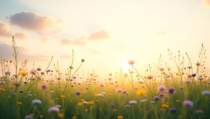 Naklejka premium Breathtaking Wildflower Meadow at Sunset – Tranquil Nature Stock Photo
