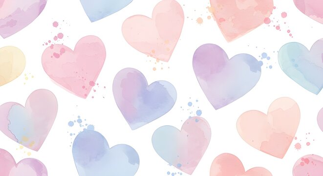 Una colecci&oacute;n de ensue&ntilde;o de corazones pintados con acuarela en tonos pastel, que se mezclan suavemente en un lienzo blanco con toques de texturas art&iacute;sticas.