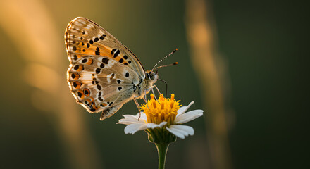 Obraz premium Butterfly on Flower Sipping Nectar in Golden Sunlight Meadow Scene