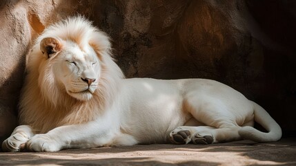 Obraz premium Majestic white lion resting in shaded enclosure